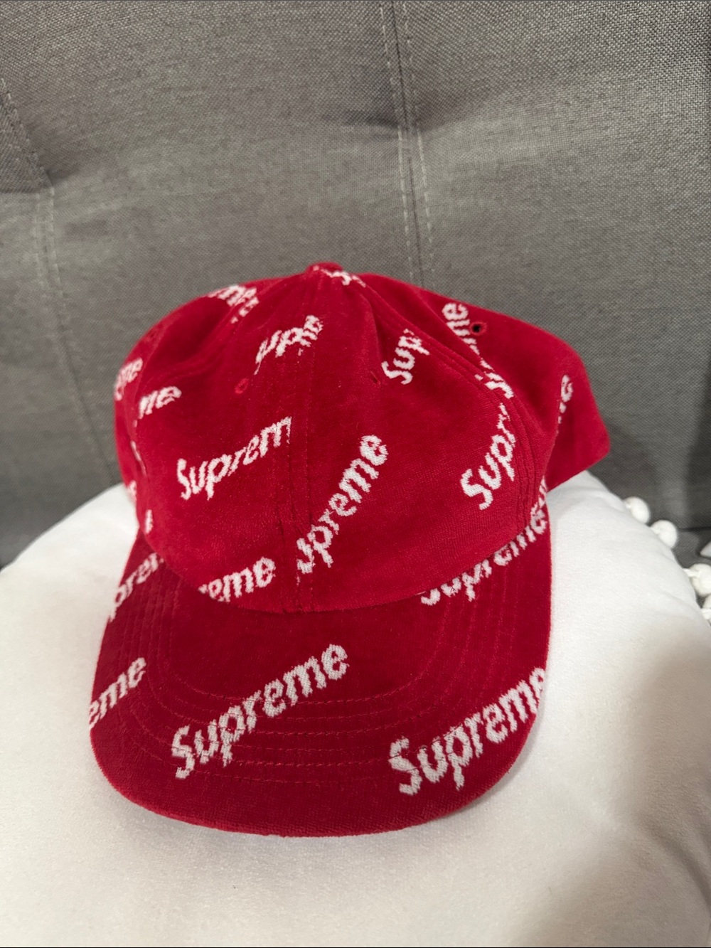 Supreme Men Red All-Over Logo Corduroy Cap